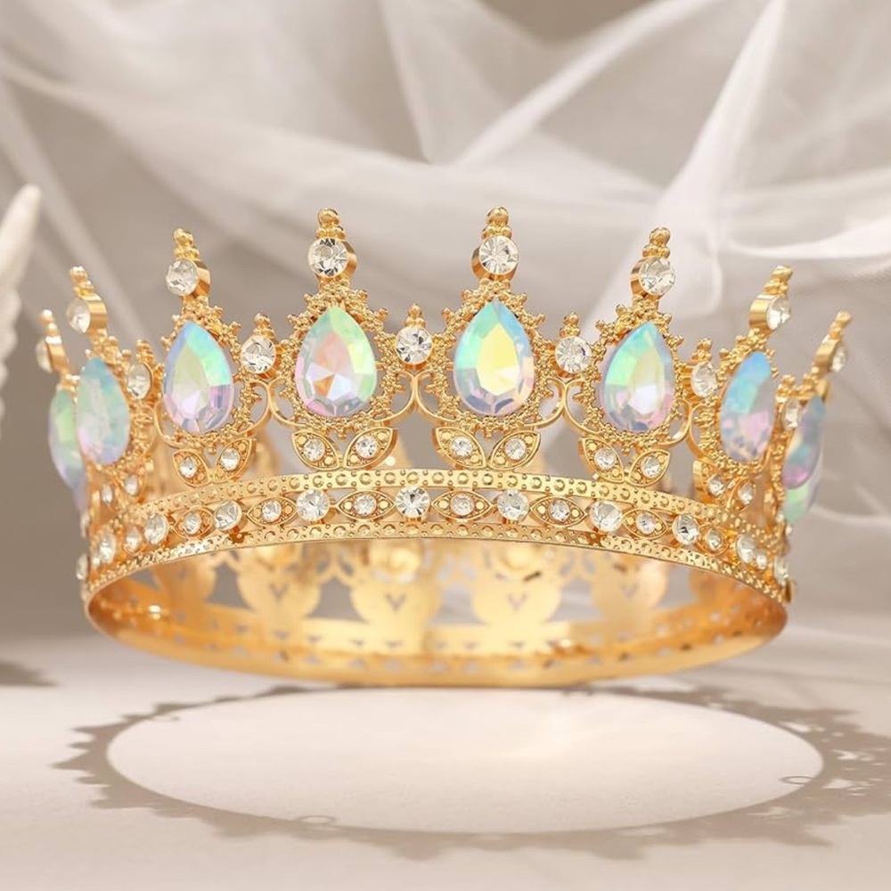 Gold Crystal Teardrop Crown with Iridescent Gems